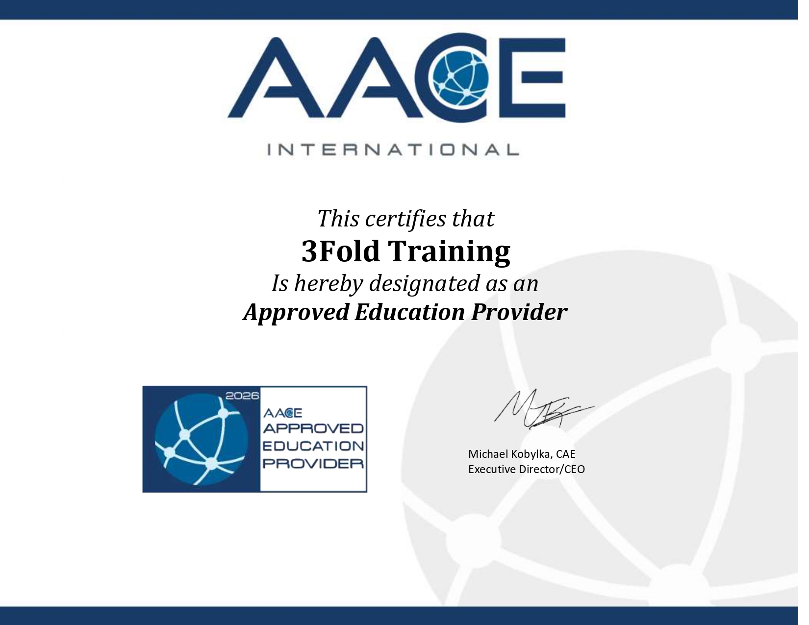 AACE International certificate designating 3FOLD Training as an Approved Education Provider, 2026